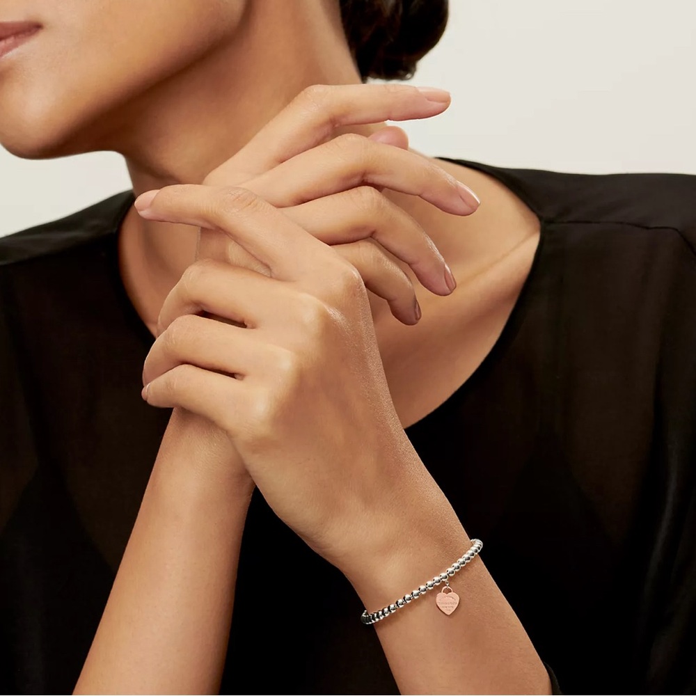 Heart Tag Bead Bracelet in Sterling Silver and Rose Gold, 4 mm